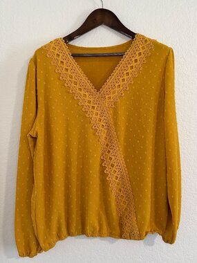 Long Sleeve ,V-Neck Chiffon Blouse, Dressy Casual Pom Poms - Mustard Color